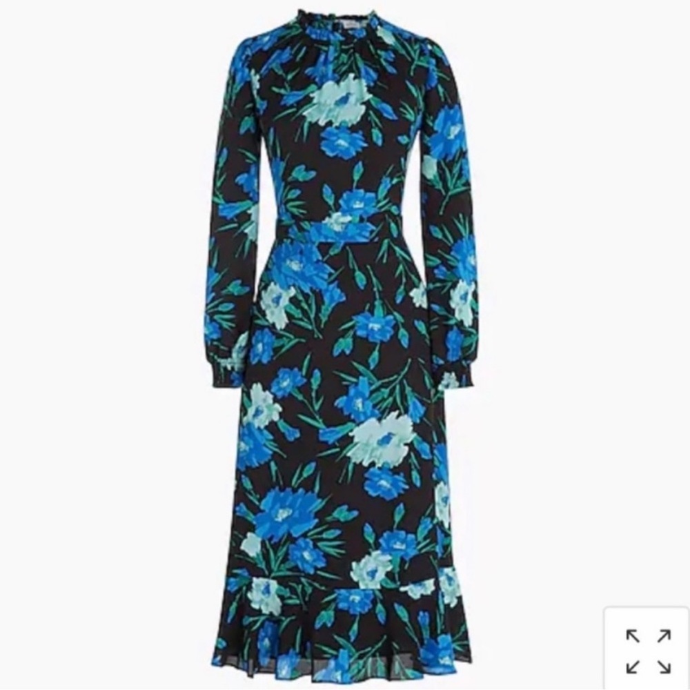 J. Crew Ruffleneck Peasant Black & Blue Floral Dress, Size 4